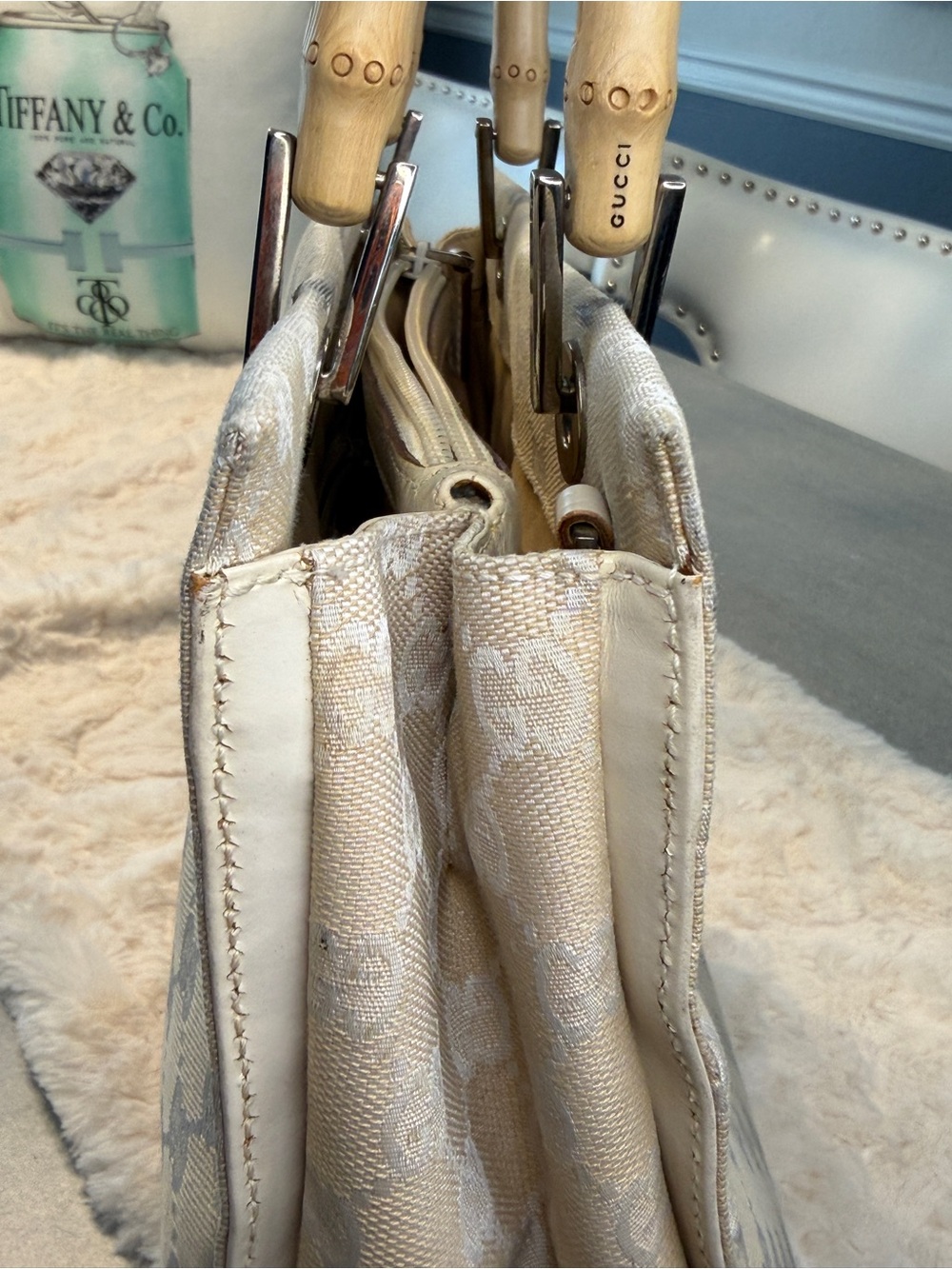 Gucci GG Canvas Bamboo Handle Tote Ivory Beige Vintage Italy - Picture 5 of 13